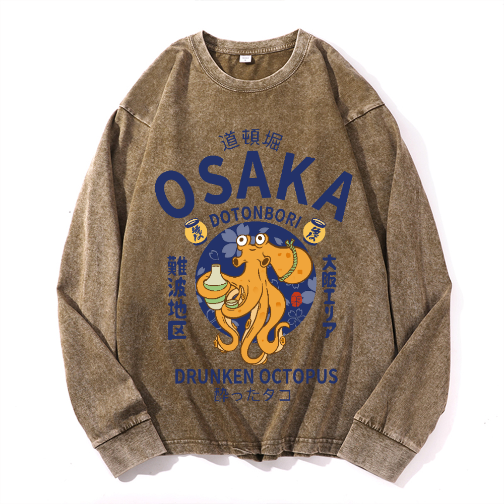 Osaka Dotonbori Drunken Octopus Vintage Cotton Wash Crewneck Long-Sleeve T-Shirt