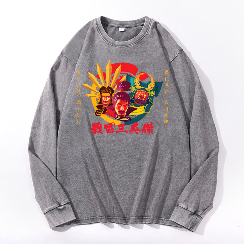 Oda Nobunaga Toyotomi Hideyoshi Tokugawa Ieyasu Vintage Cotton Wash Crewneck Long-Sleeve T-Shirt