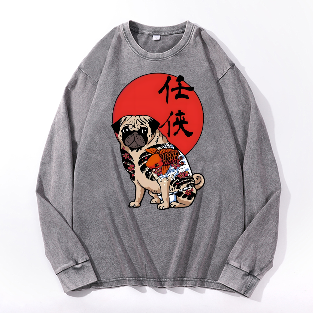 Dog Vintage Cotton Wash Crewneck Long-Sleeve T-Shirt