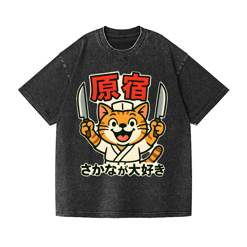 Haruajuku Cat Vintage Wash Japanese Design T-Shirt