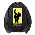 Cute Little Kitten Black Cat Vintage Cotton Wash Crewneck Long-Sleeve T-Shirt