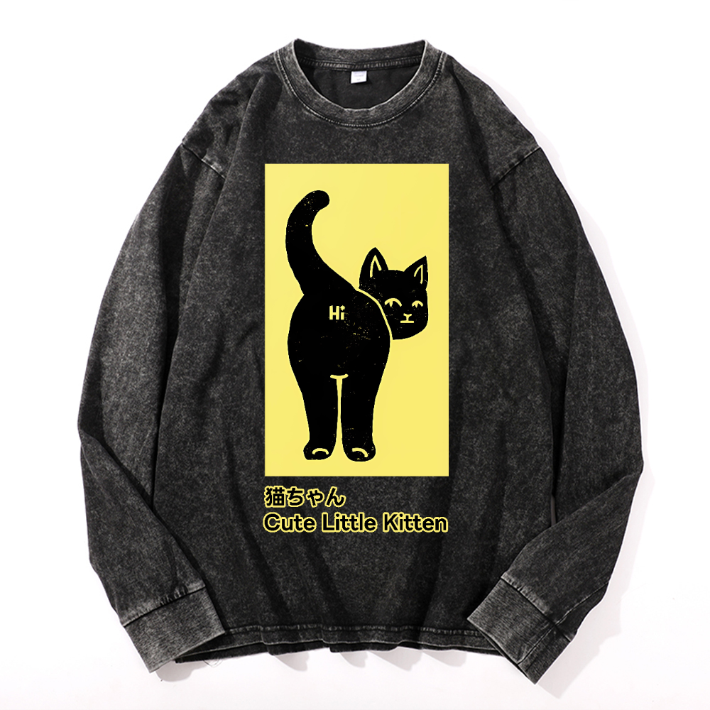 Cute Little Kitten Black Cat Vintage Cotton Wash Crewneck Long-Sleeve T-Shirt