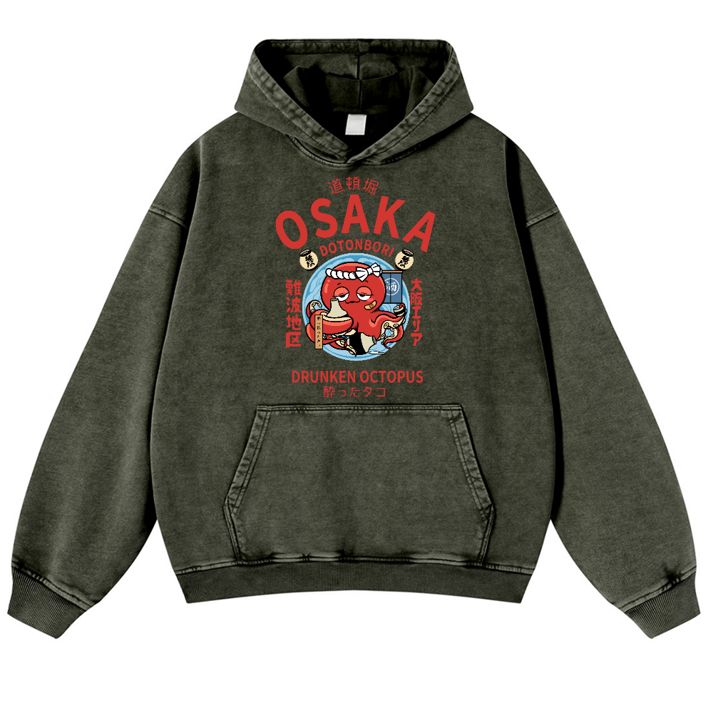 Osaka Dotonbori Drunken Octopus Vintage Washed Thick Cotton Hoodie
