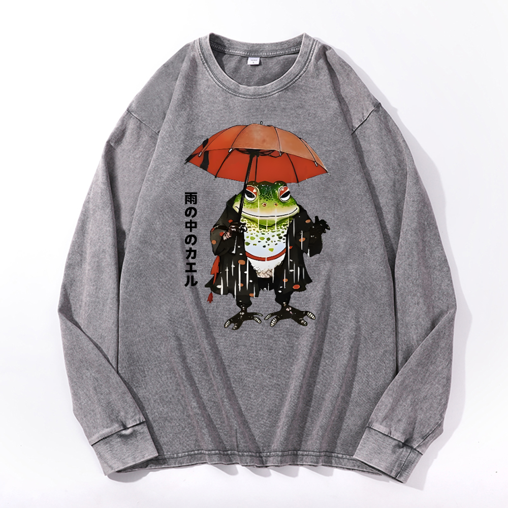 Frog In The Rain Vintage Cotton Wash Long-sleeve T-shirt