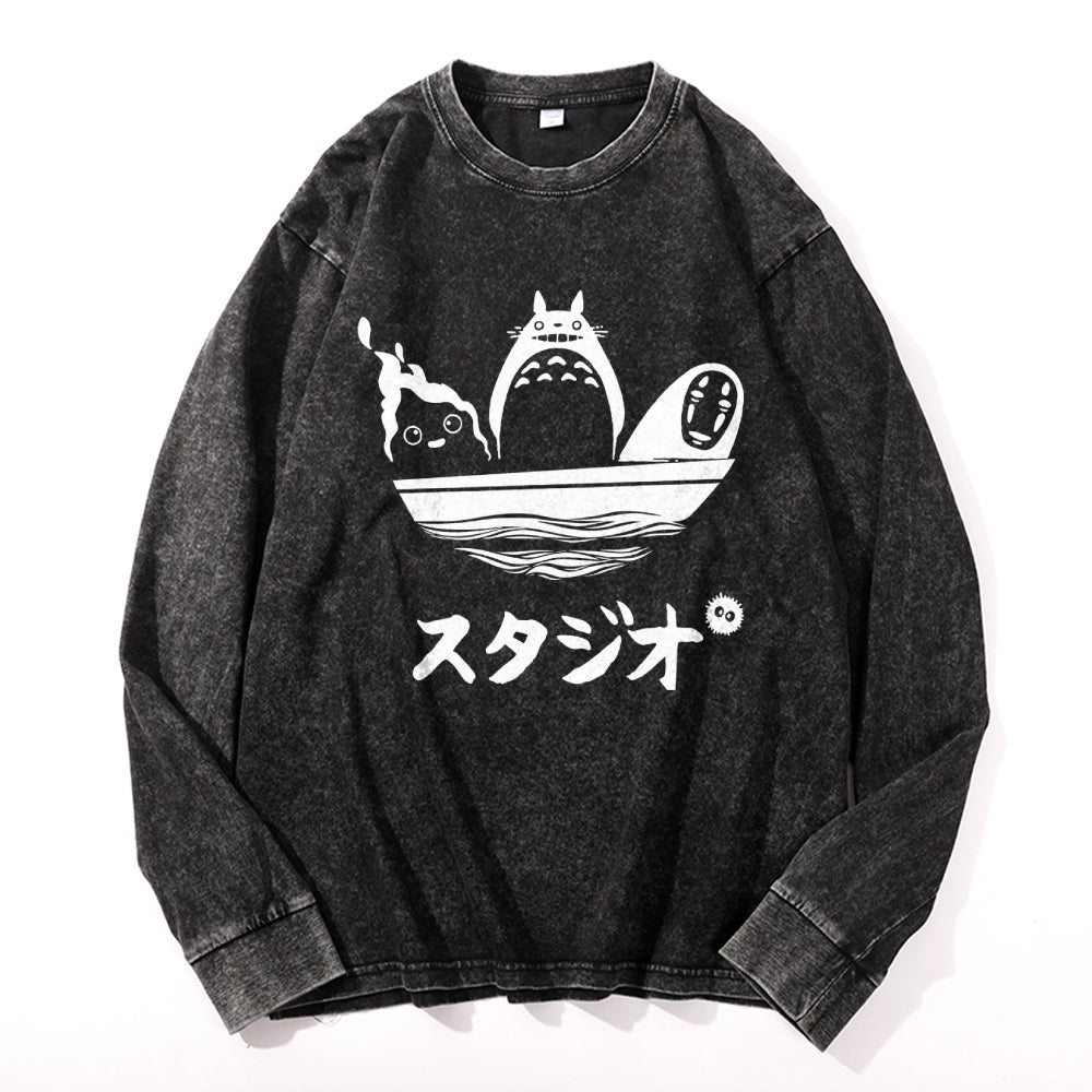 Howl's Moving Castle/My Neighbor Totoro/Spirited Away No Face Kaonashi Ghibli Anime Vintage Cotton Wash Crewneck Sweatshirt
