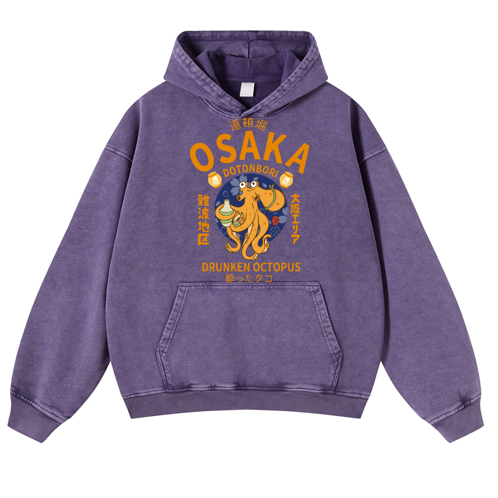 Osaka Dotonbori Drunken Octopus Vintage Washed Thick Cotton Hoodie