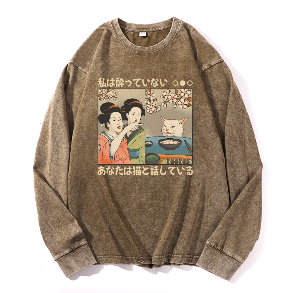 Woman Yelling at a Cat Vintage Cotton Wash Crewneck Long-Sleeve T-Shirt