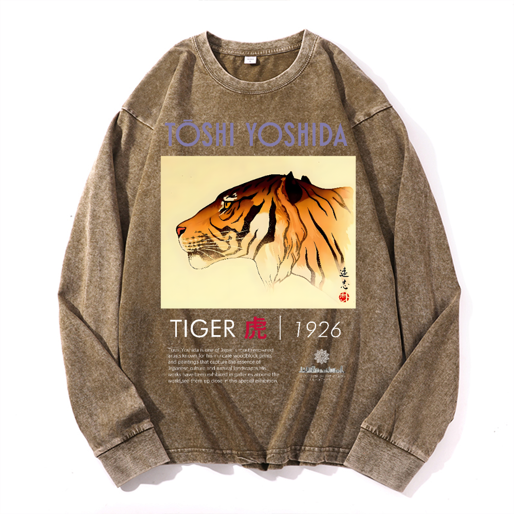 Tiger Vintage Cotton Wash Crewneck Long-Sleeve T-Shirt