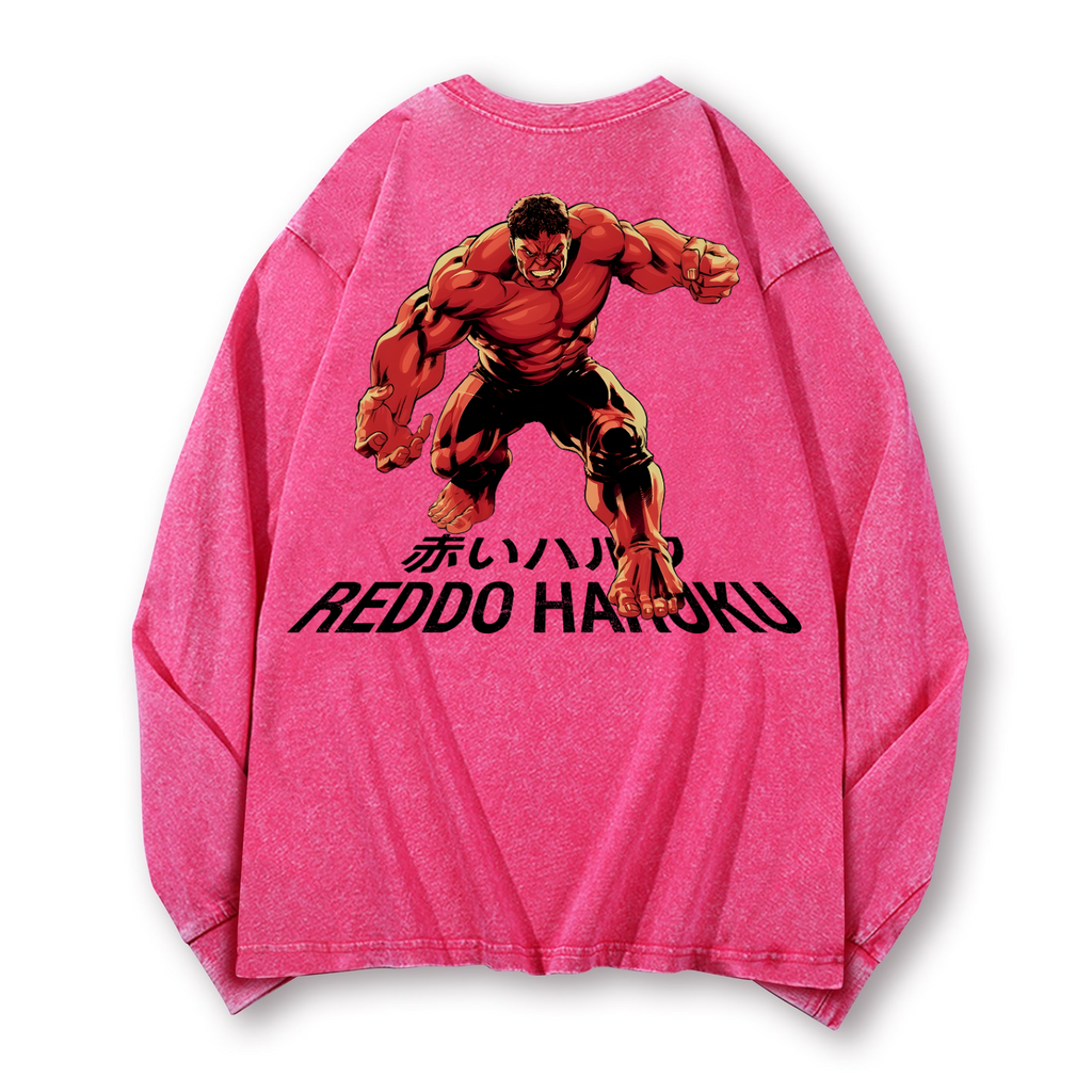 Reddo Haruku Vintage Washed Cotton Back Art Long-sleeve T-shirt