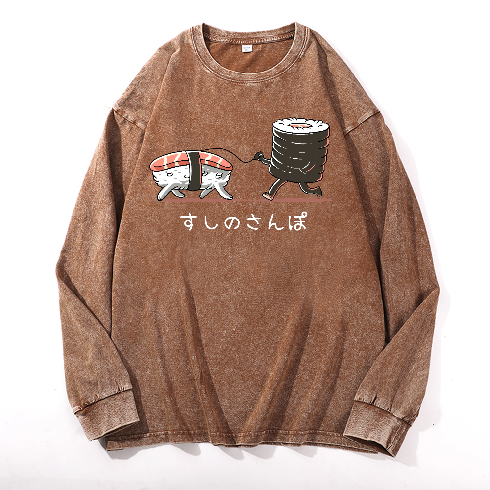 Sushi Vintage Cotton Wash Crewneck Long-Sleeve T-Shirt