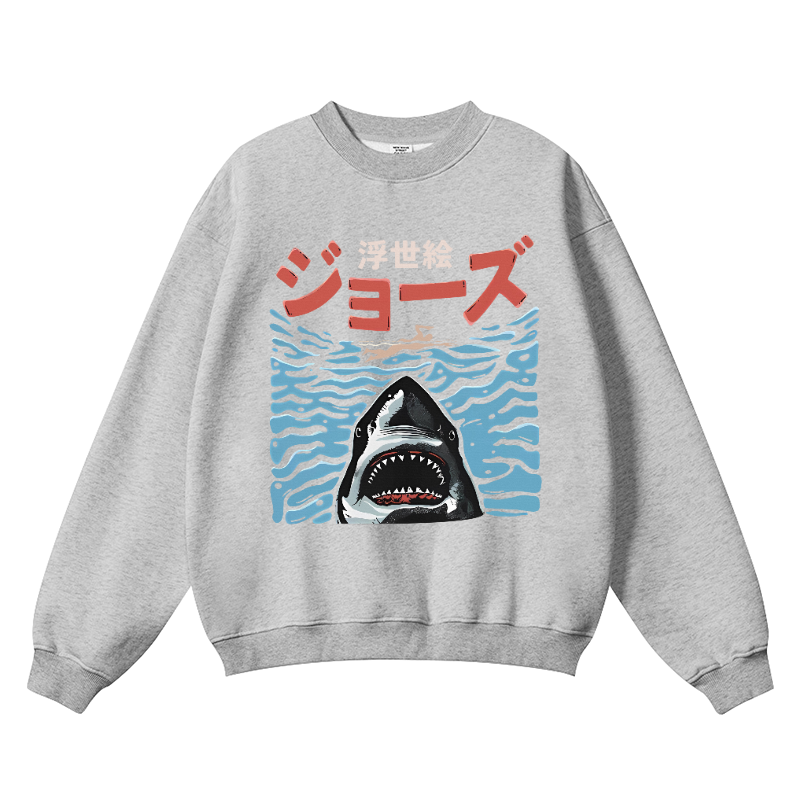 Ukiyoe Jaws Shark Vintage Cotton Blend Crewneck Sweatshirt