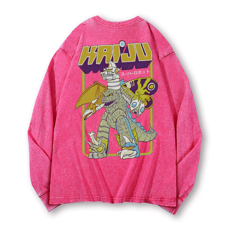 Kaiju Monster Vintage Washed Cotton Back Art Long-sleeve T-shirt