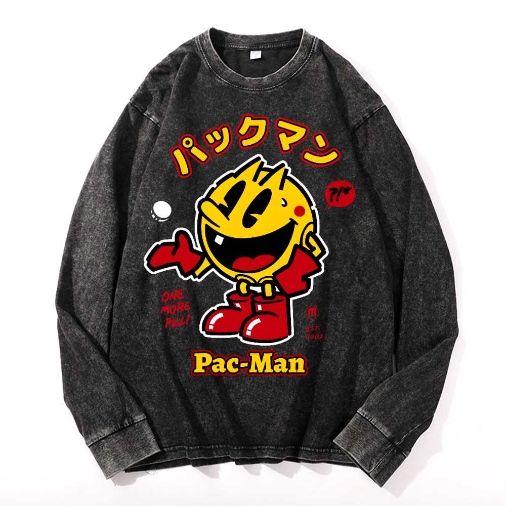 Pacman Vintage Cotton Wash Crewneck Long-Sleeve T-Shirt
