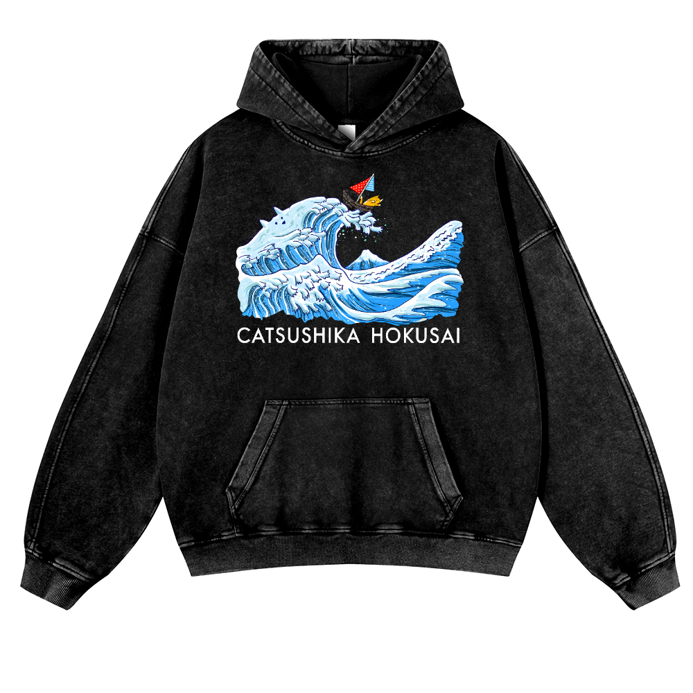Catsushika Hokusai Cat Wave Vintage Washed Thick Cotton Hoodie