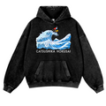 Catsushika Hokusai Cat Wave Vintage Washed Thick Cotton Hoodie