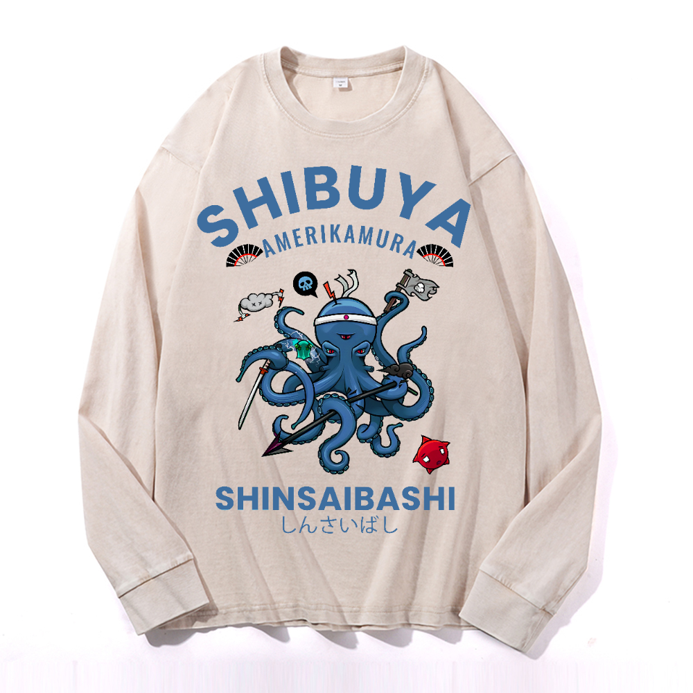 Shibuya Octopus Vintage Cotton Wash Crewneck Long-Sleeve T-Shirt