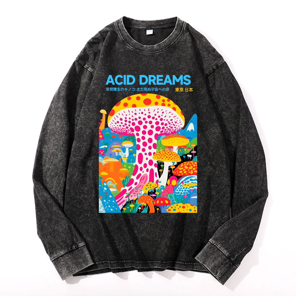 Yayoi Kusama Mushroom Vintage Cotton Wash Crewneck Long-Sleeve T-Shirt
