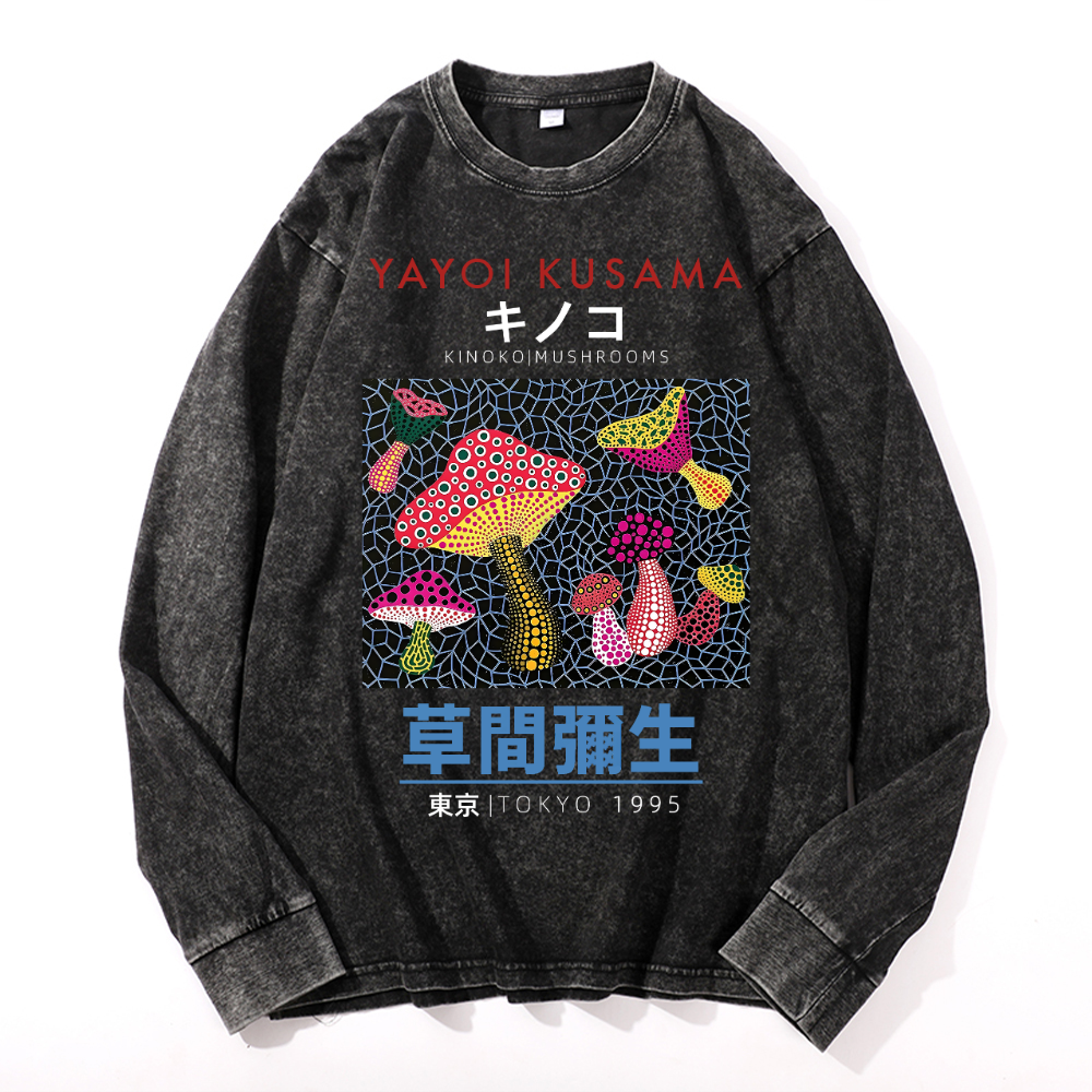Yayoi Kusama Mushroom Vintage Cotton Wash Crewneck Long-Sleeve T-Shirt