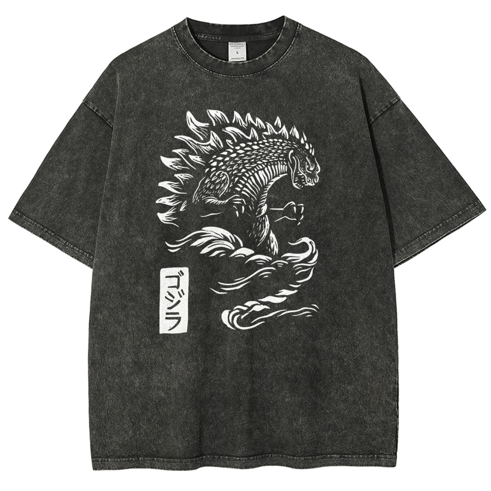 Kaiju Pattern Washed Vintage Short Sleeves T-Shirt