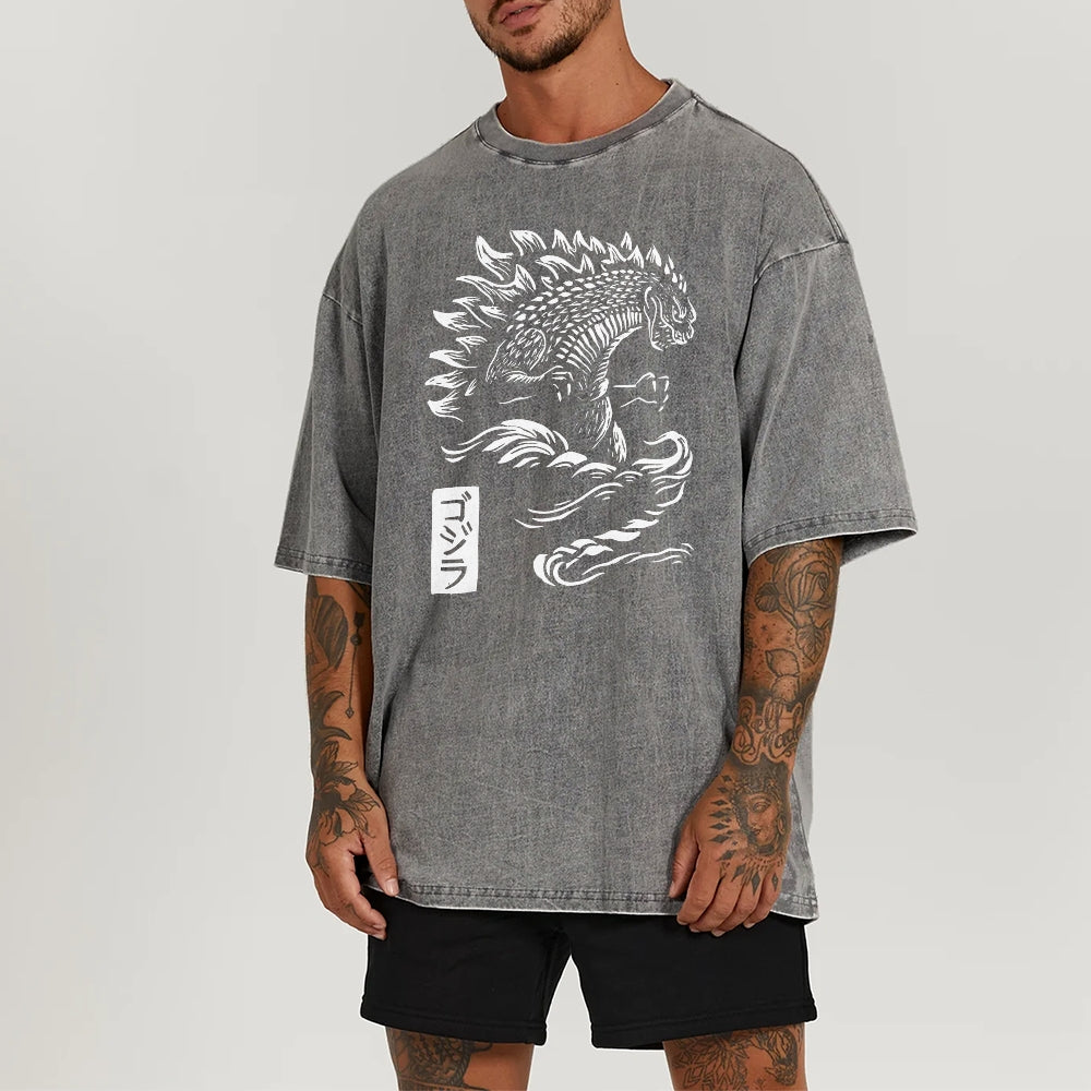 Kaiju Pattern Washed Vintage Short Sleeves T-Shirt