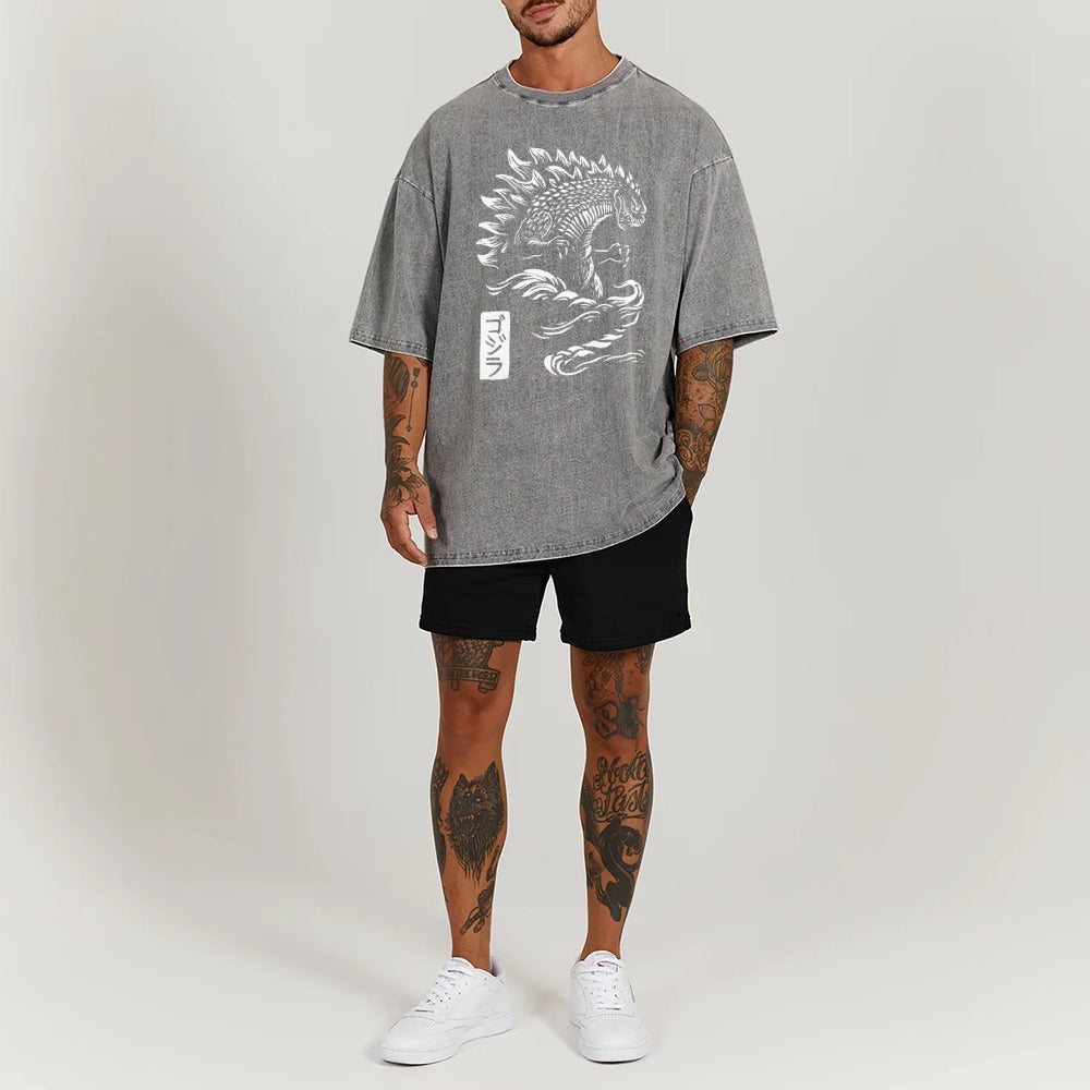Kaiju Pattern Washed Vintage Short Sleeves T-Shirt
