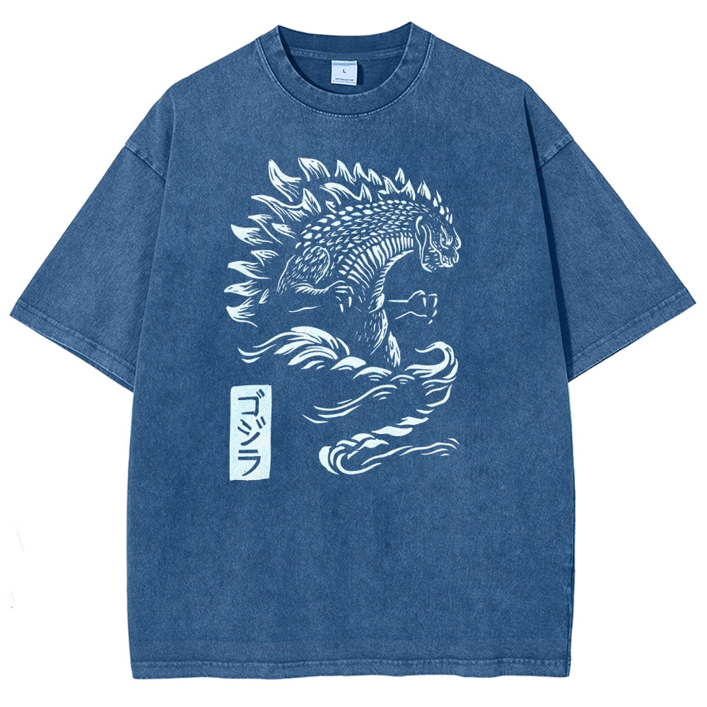 Kaiju Pattern Washed Vintage Short Sleeves T-Shirt