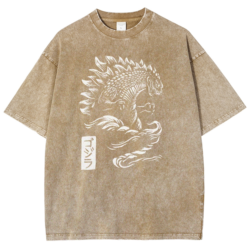 Kaiju Pattern Washed Vintage Short Sleeves T-Shirt