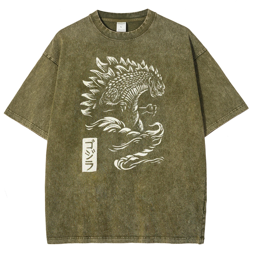 Kaiju Pattern Washed Vintage Short Sleeves T-Shirt