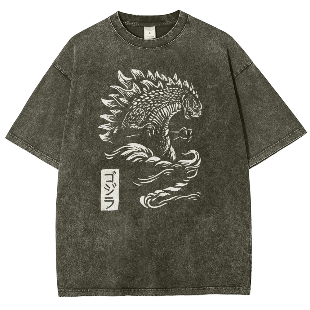 Kaiju Pattern Washed Vintage Short Sleeves T-Shirt