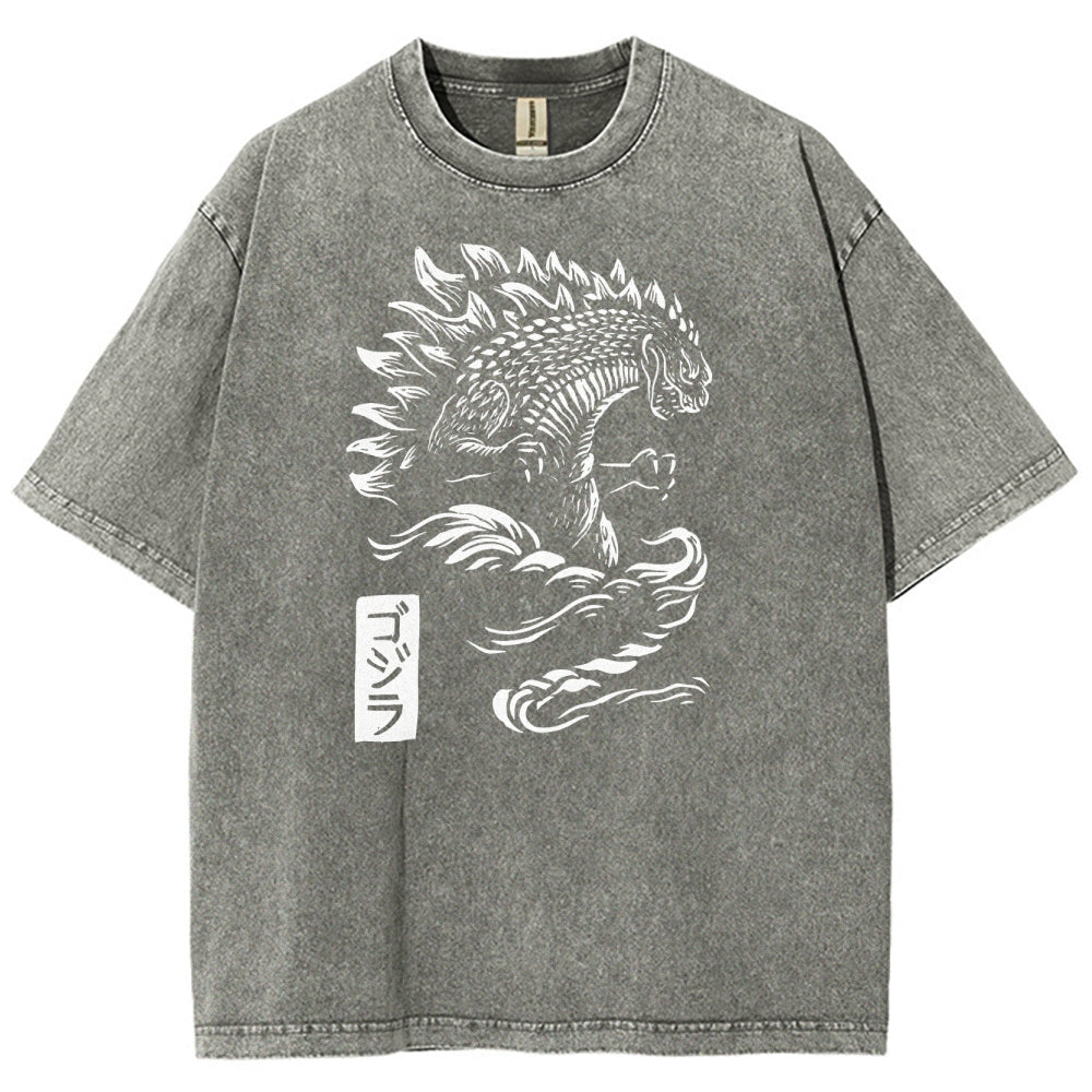 Kaiju Pattern Washed Vintage Short Sleeves T-Shirt
