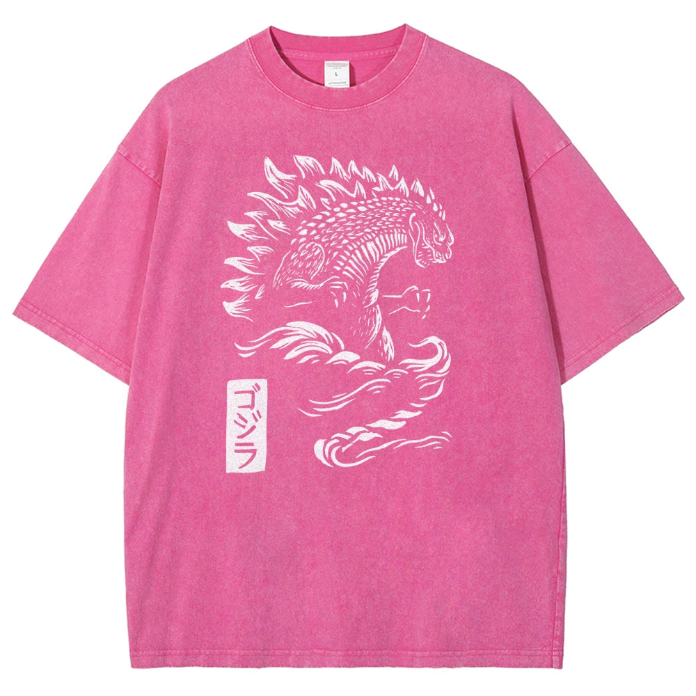 Kaiju Pattern Washed Vintage Short Sleeves T-Shirt