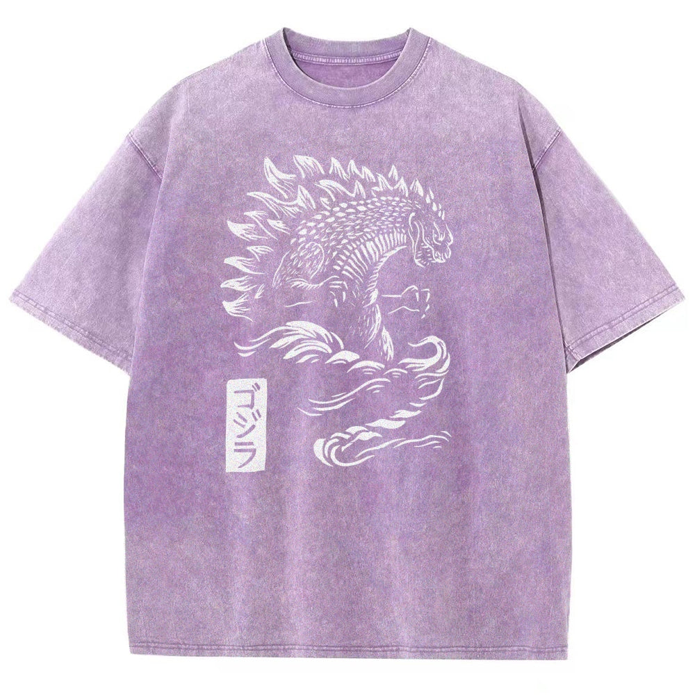 Kaiju Pattern Washed Vintage Short Sleeves T-Shirt
