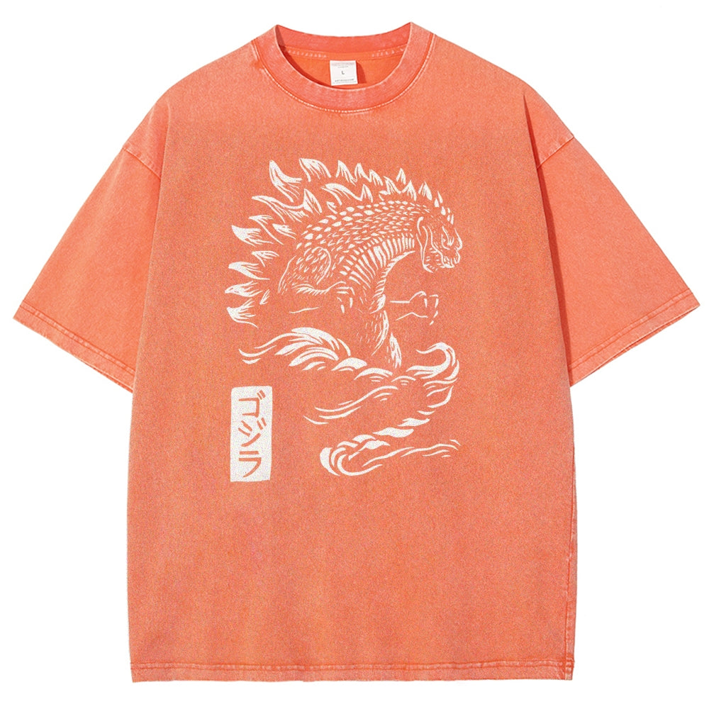Kaiju Pattern Washed Vintage Short Sleeves T-Shirt