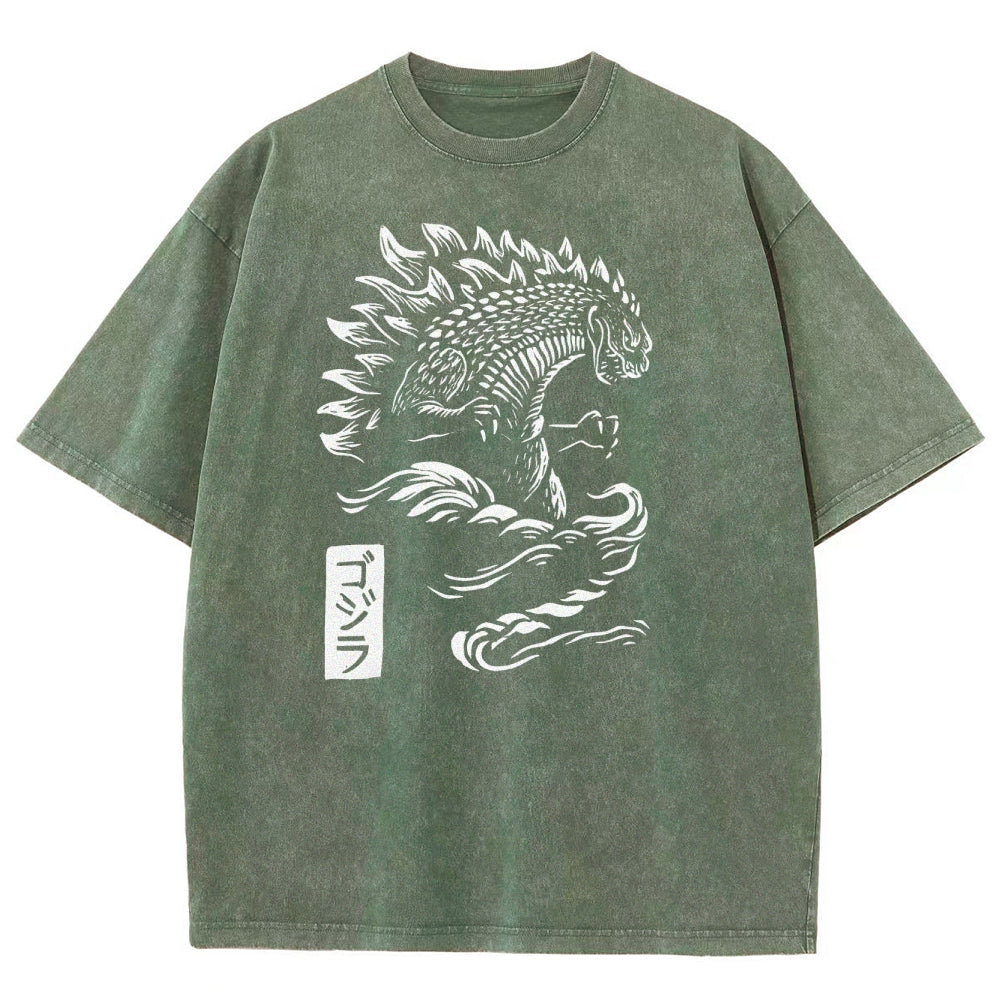 Kaiju Pattern Washed Vintage Short Sleeves T-Shirt