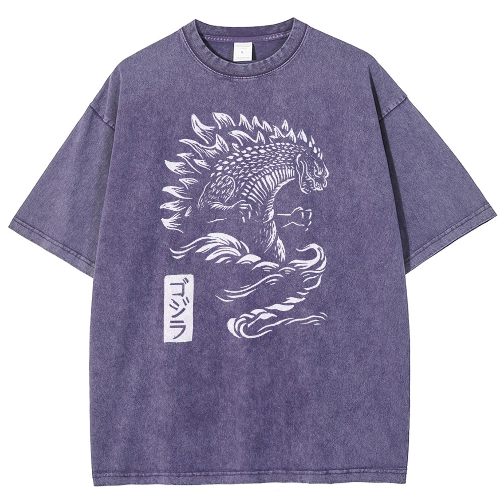 Kaiju Pattern Washed Vintage Short Sleeves T-Shirt
