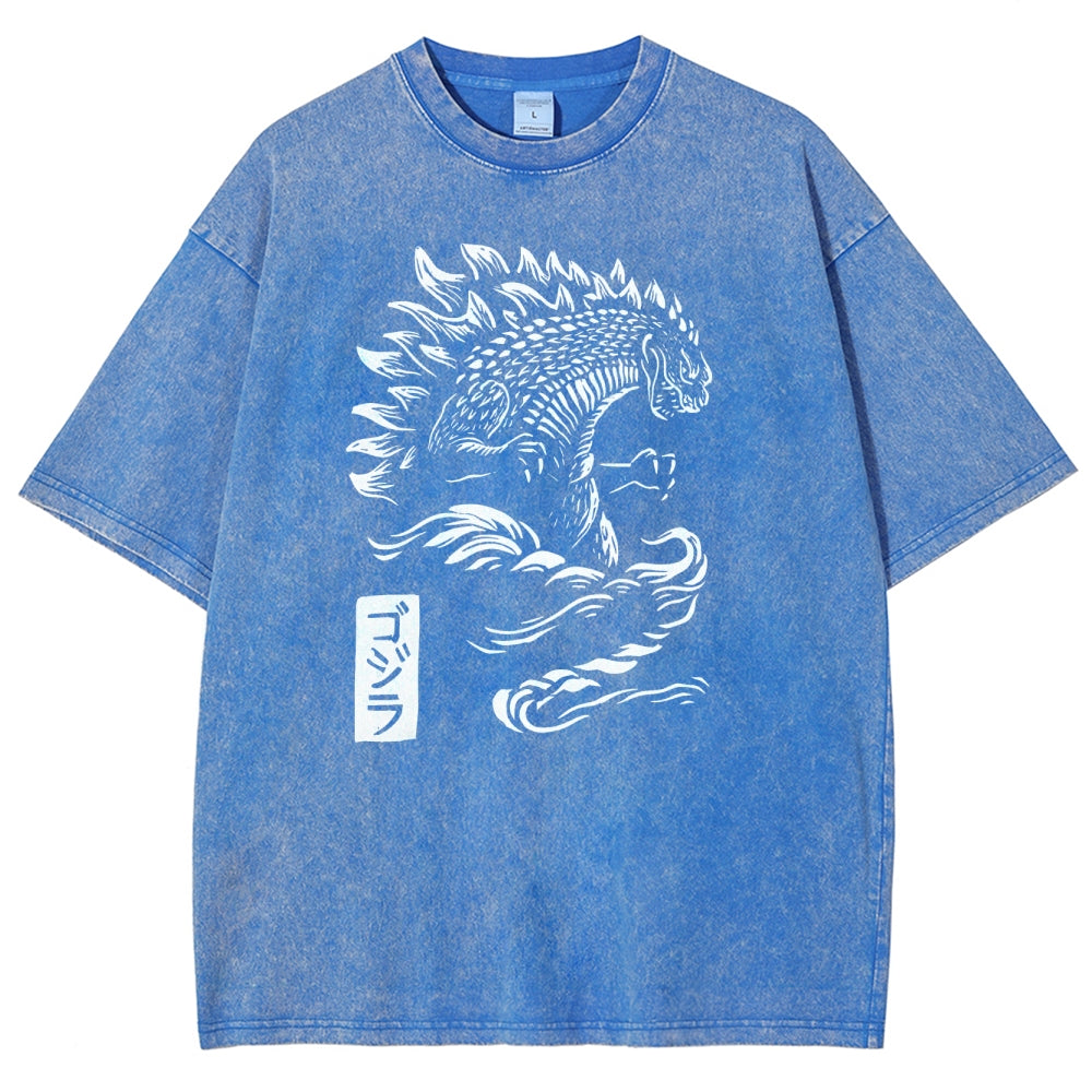 Kaiju Pattern Washed Vintage Short Sleeves T-Shirt