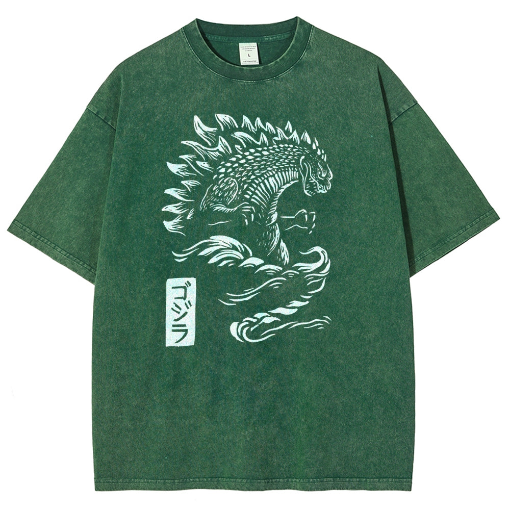 Kaiju Pattern Washed Vintage Short Sleeves T-Shirt