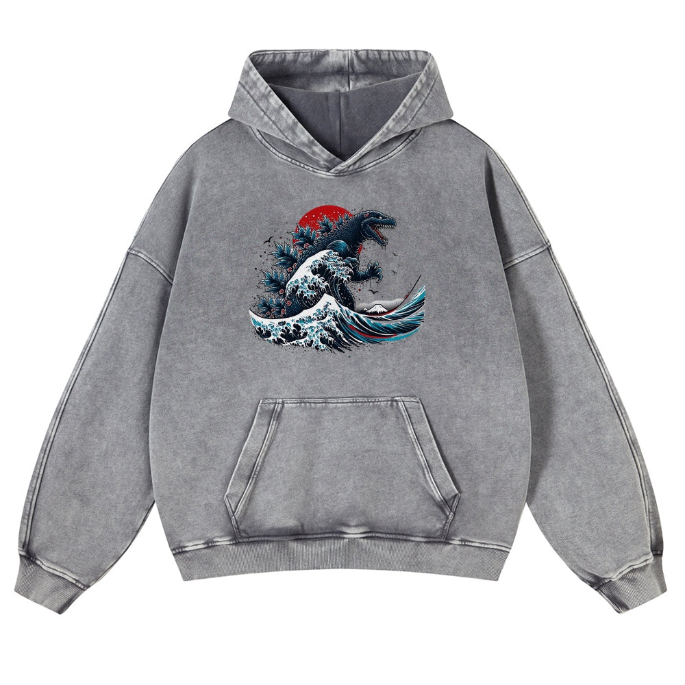 Japanese Kaiju Wave Ukiyoe Vintage Washed Hoodie