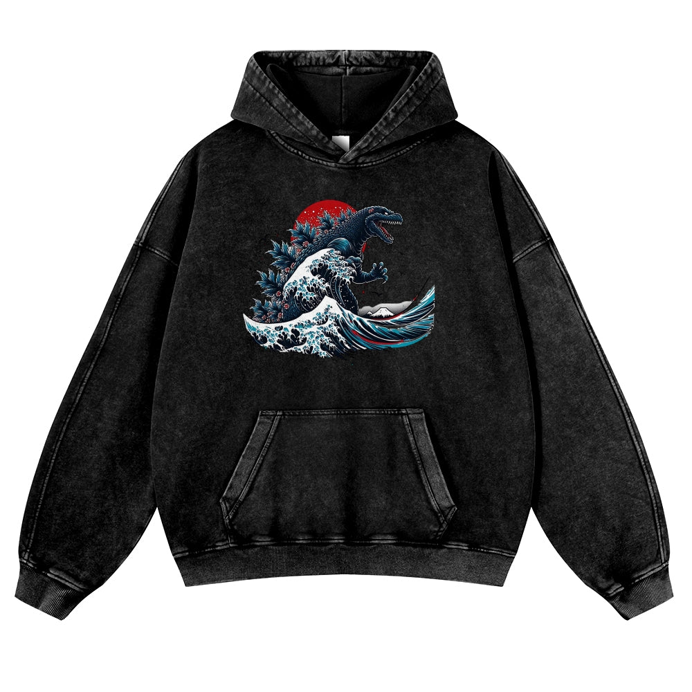 Japanese Kaiju Wave Ukiyoe Vintage Washed Hoodie
