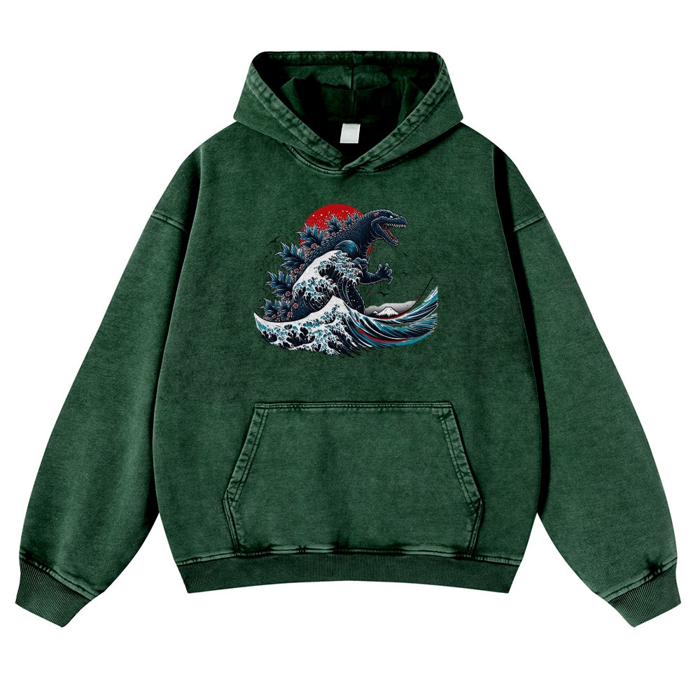 Japanese Kaiju Wave Ukiyoe Vintage Washed Hoodie