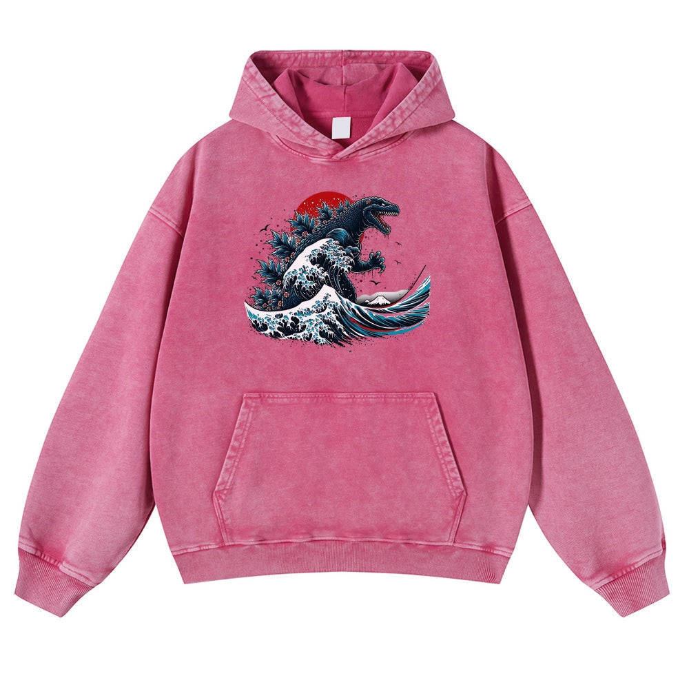 Japanese Kaiju Wave Ukiyoe Vintage Washed Hoodie