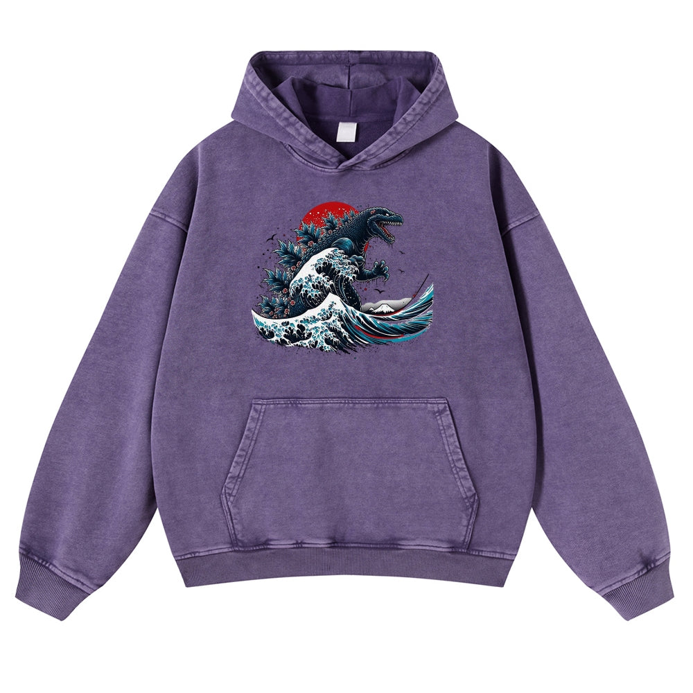 Japanese Kaiju Wave Ukiyoe Vintage Washed Hoodie