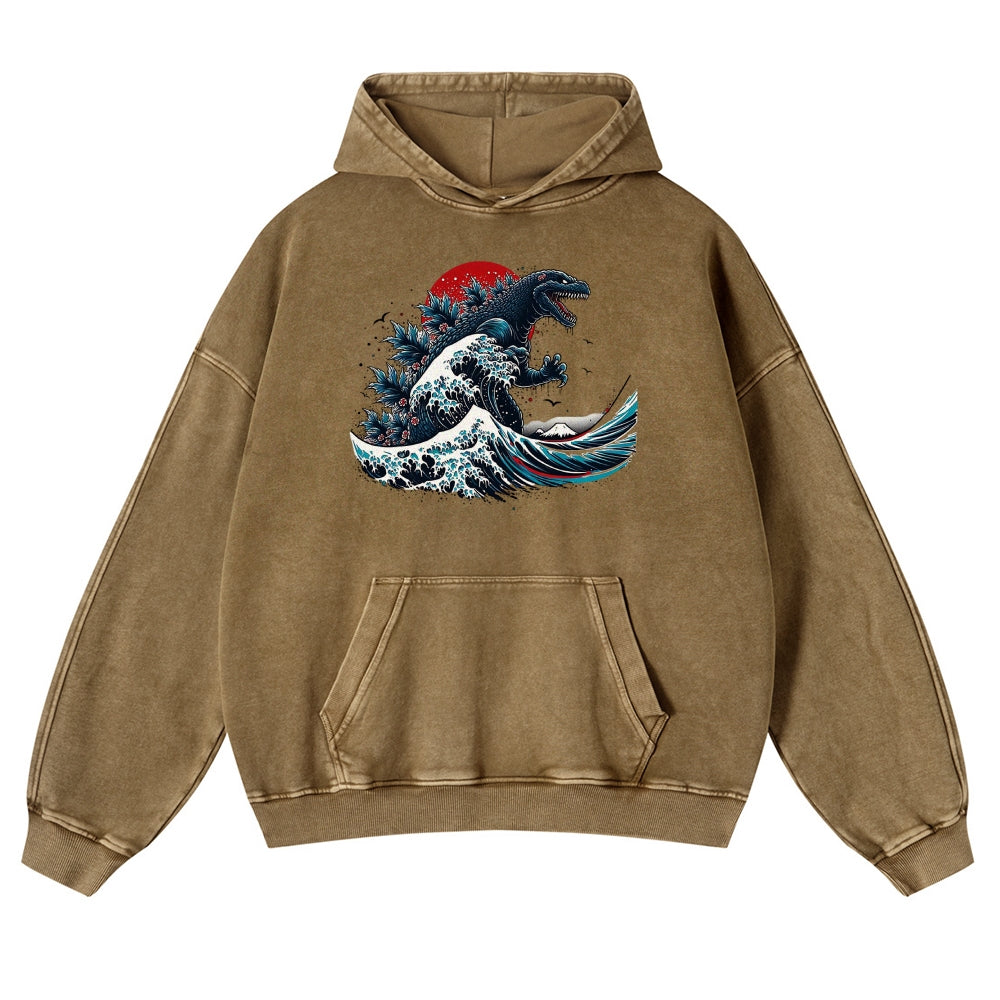 Japanese Kaiju Wave Ukiyoe Vintage Washed Hoodie