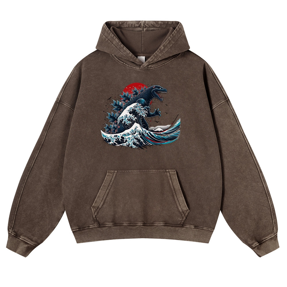 Japanese Kaiju Wave Ukiyoe Vintage Washed Hoodie