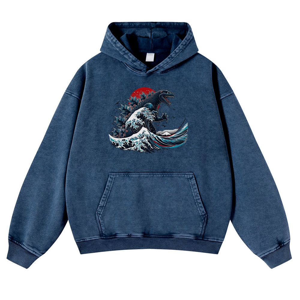 Japanese Kaiju Wave Ukiyoe Vintage Washed Hoodie
