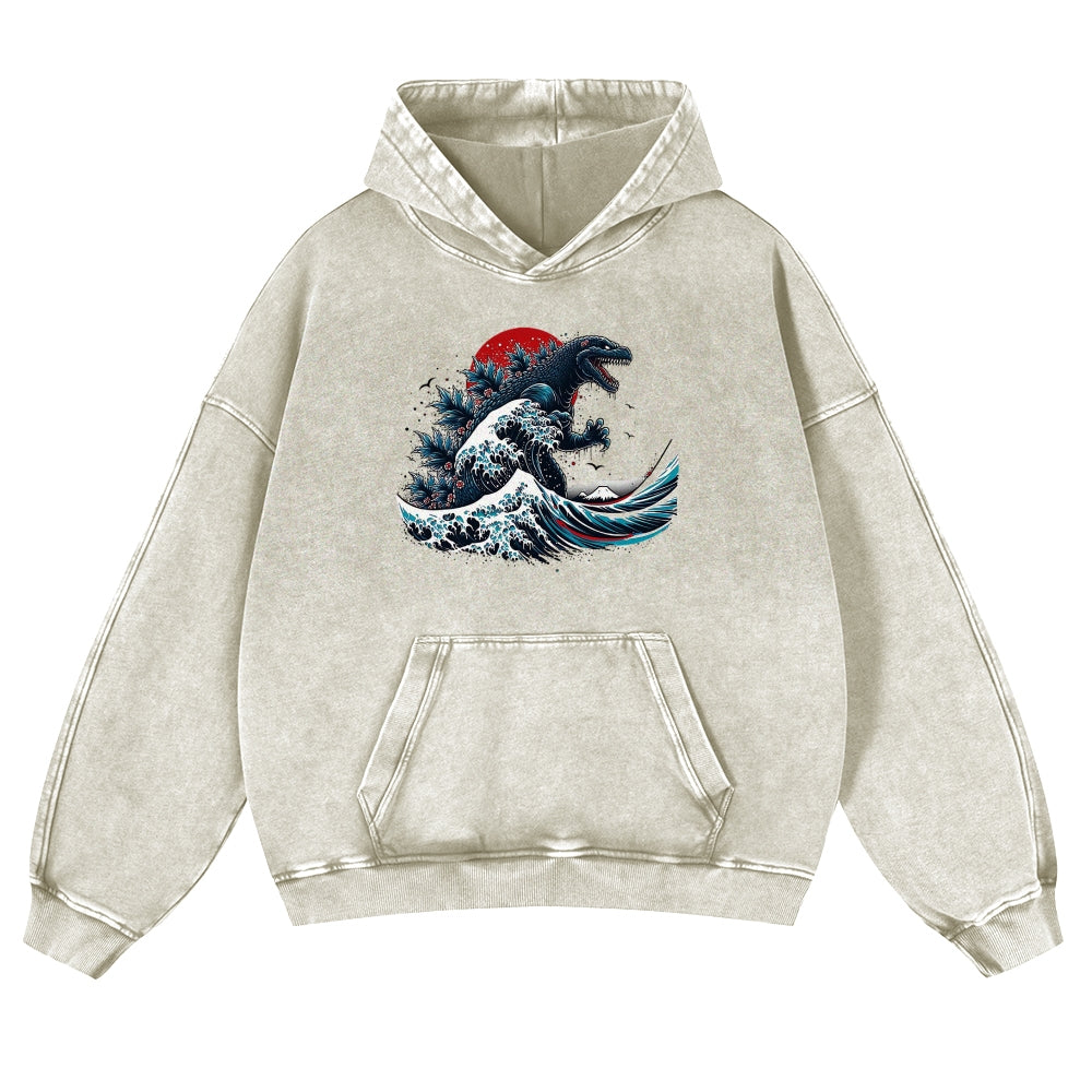 Japanese Kaiju Wave Ukiyoe Vintage Washed Hoodie