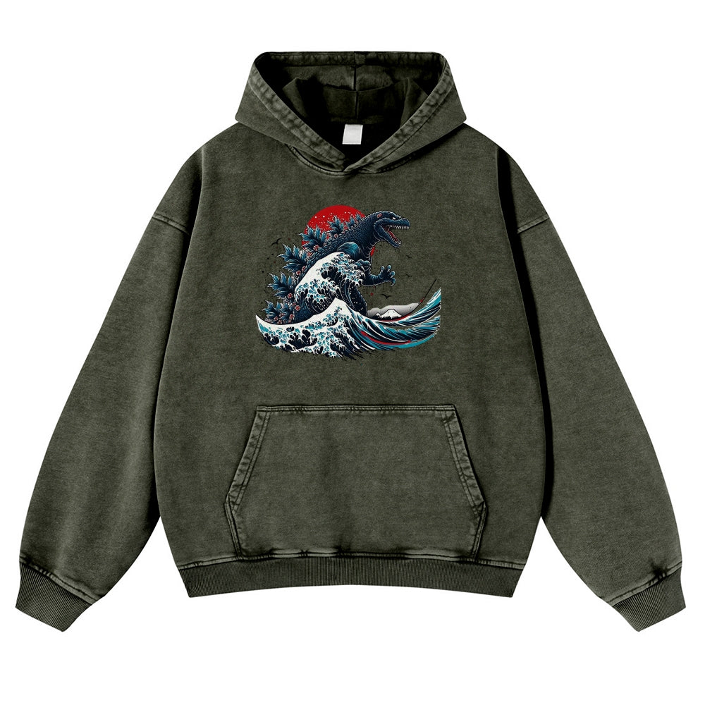 Japanese Kaiju Wave Ukiyoe Vintage Washed Hoodie