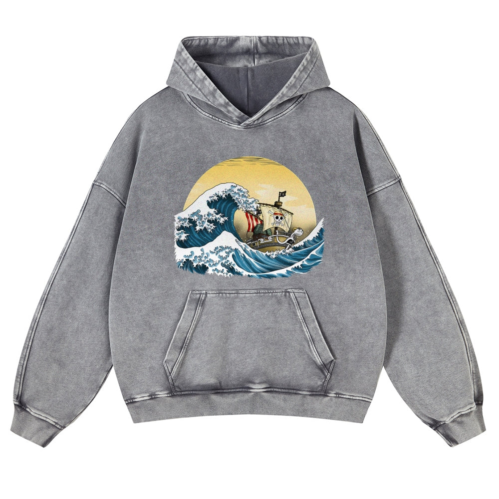 Straw Hat Pirate Ship Ukiyoe Vintage Washed Hoodie
