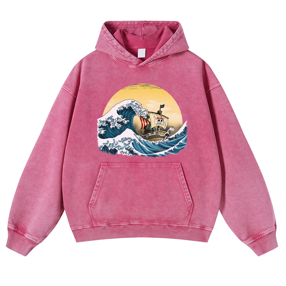 Straw Hat Pirate Ship Ukiyoe Vintage Washed Hoodie