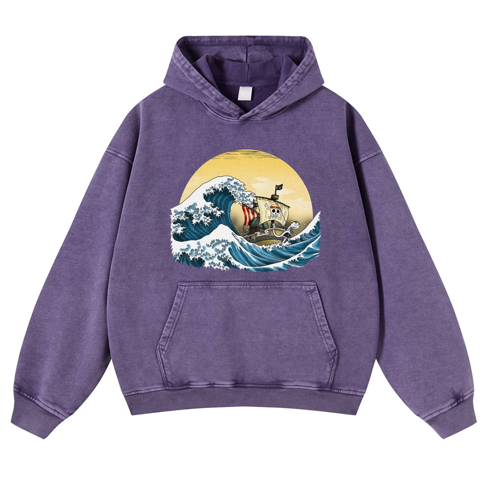 Straw Hat Pirate Ship Ukiyoe Vintage Washed Hoodie